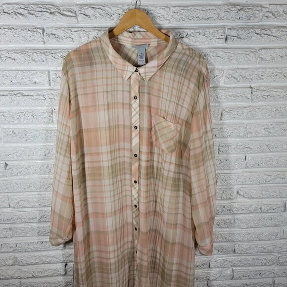 Catherines Womens Dress 3X Plus Button Up Pink Tan Plaid Sheer PLA10E - Picture 3 of 10